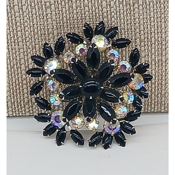 Amazing Bold Black Navette Prong Set Round Aurora Borealis Rhinestone Brooch Vtg - Picture 11 of 11